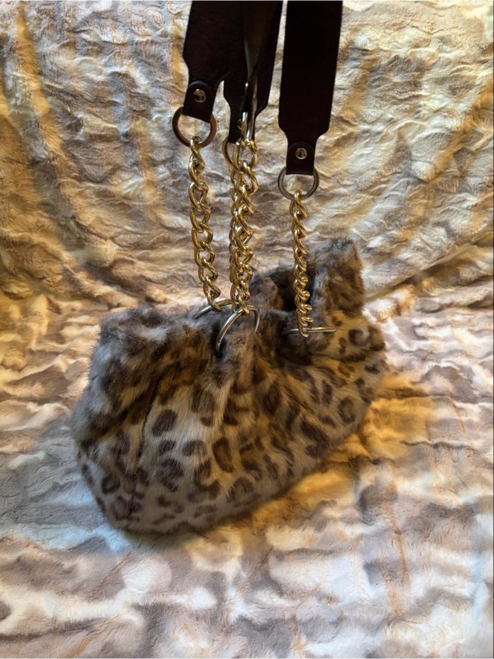 Leopard Print Faux Fur Shoulder Bag with Gold Chain Strap